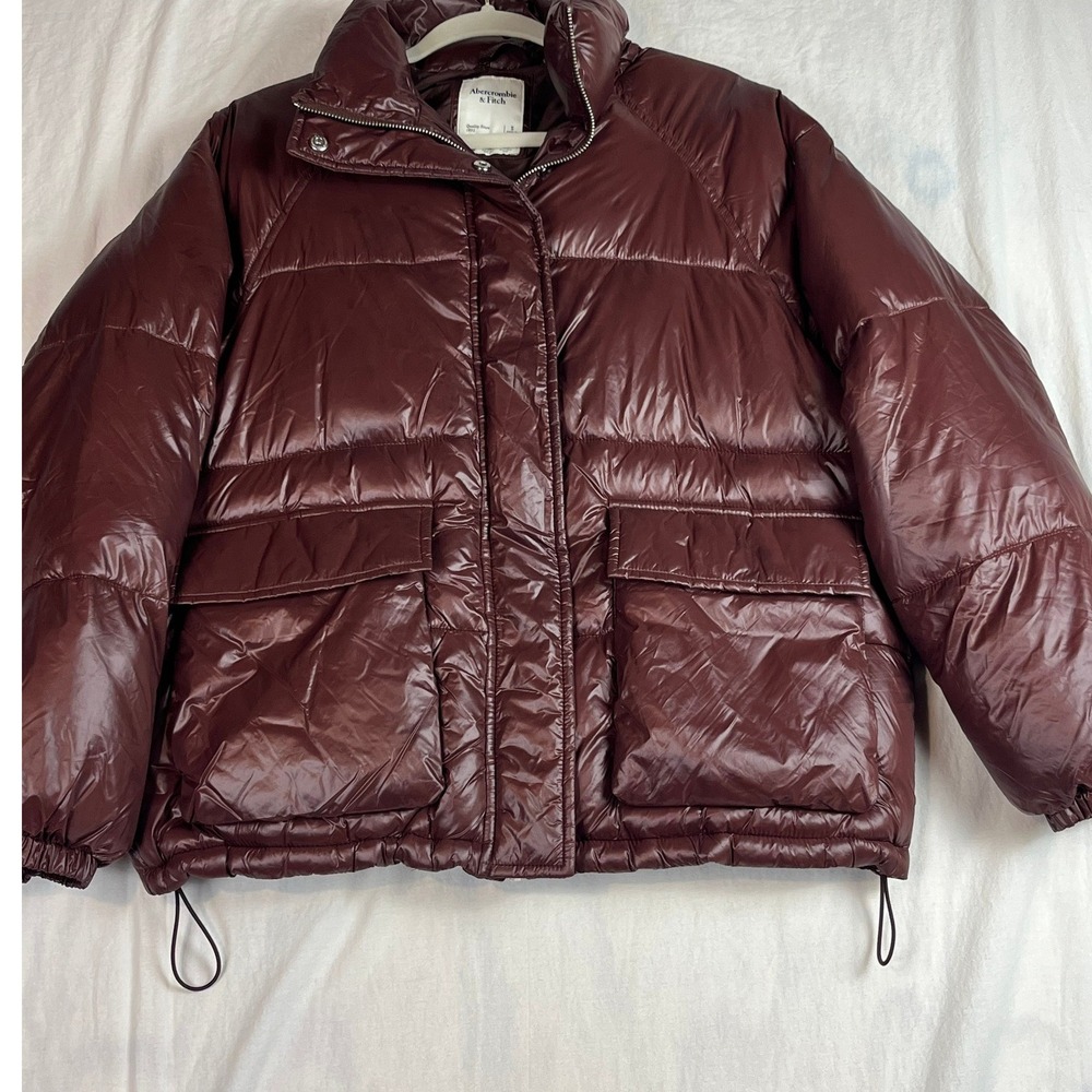 Abercrombie & Fitch Womens Burgundy Glossy Puffer Jacket Water Resistant Small